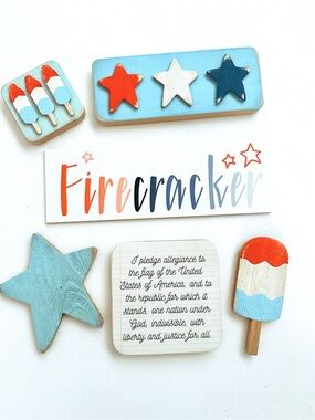 Firecracker Stars & Pops Kids Wooden Magnet Set - Blue, Red, White